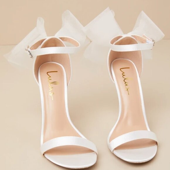 Lulus Shoes - Ayanna Ivory Satin Bow Ankle Strap High Heel Sandals